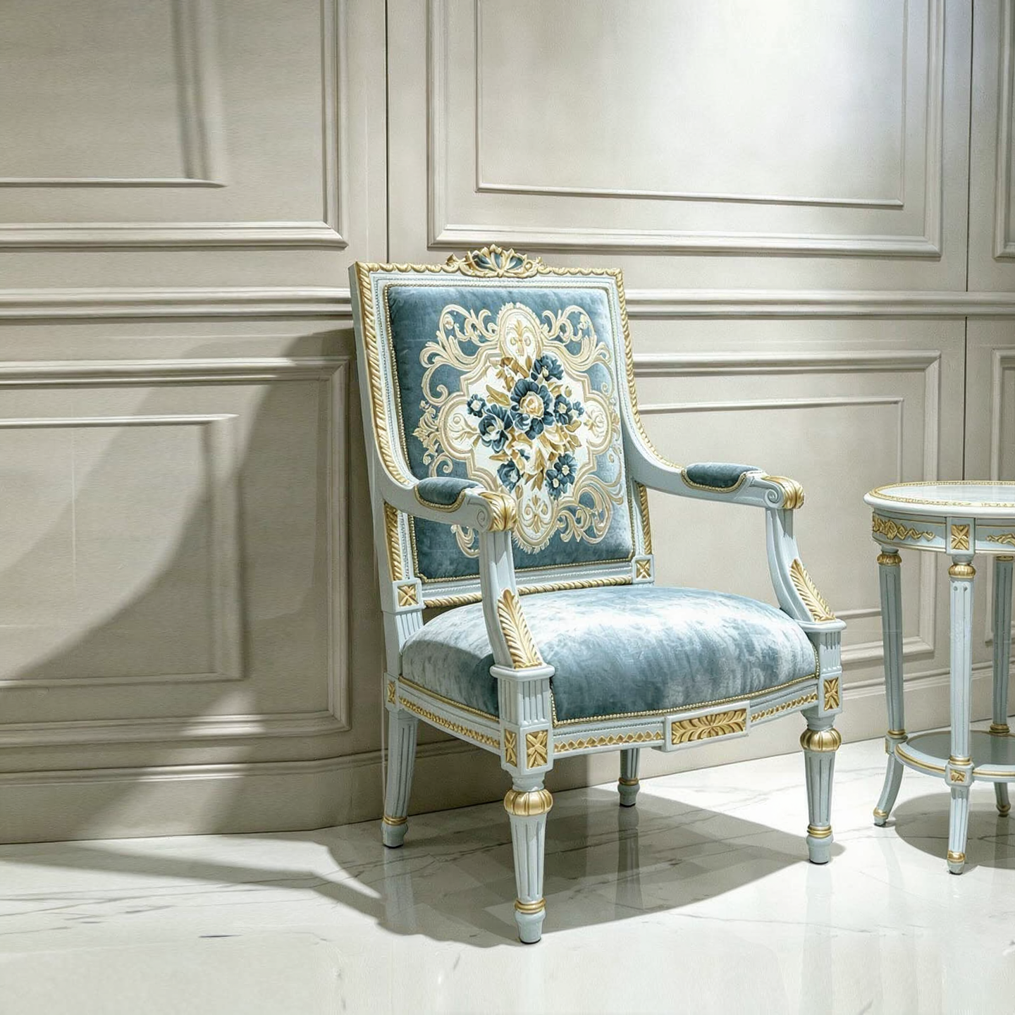 Blue Embroidered Accent Chair, French Style Carved Solid Wood Armchair with Gold Trim, Luxury Upholstered Dining Chair for Living Room, Bedroom, Office, Lounge, Reception