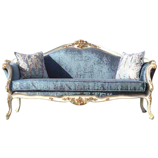 Blue Velvet Loveseat Sofa, French Style Carved Solid Wood Upholstered Settee with Gold Finish Frame and Accent Pillows, Luxury 2 Seater Couch for Living Room, Bedroom, Lounge, Reception
