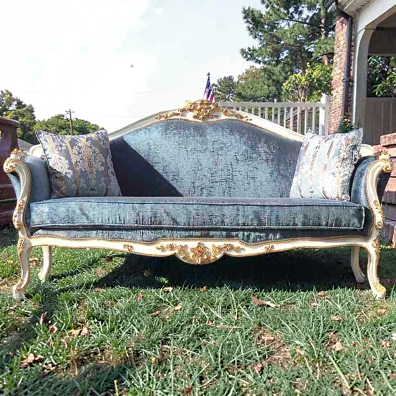 Blue Velvet Loveseat Sofa, French Style Carved Solid Wood Upholstered Settee with Gold Finish Frame and Accent Pillows, Luxury 2 Seater Couch for Living Room, Bedroom, Lounge, Reception