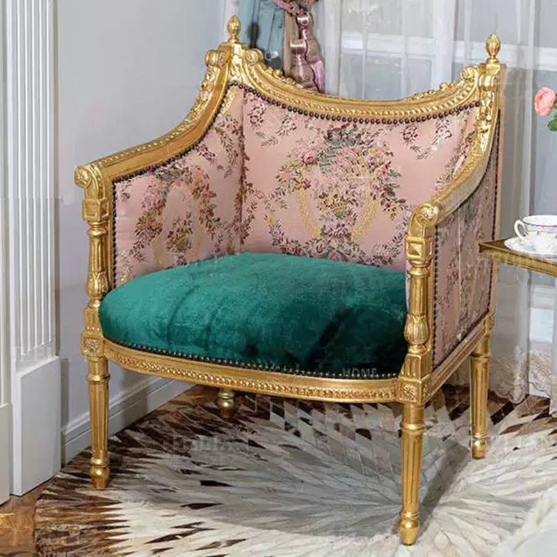 French Style Accent Chair, Pink Jacquard Upholstered Single Sofa Chair with Gold Carved Solid Wood Frame, Luxury Lounge Armchair for Living Room, Bedroom, Vanity, Reception, Reading Nook