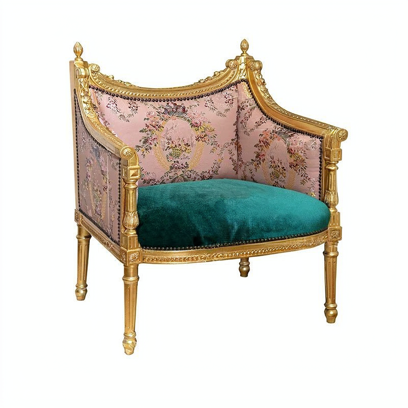 French Style Accent Chair, Pink Jacquard Upholstered Single Sofa Chair with Gold Carved Solid Wood Frame, Luxury Lounge Armchair for Living Room, Bedroom, Vanity, Reception, Reading Nook