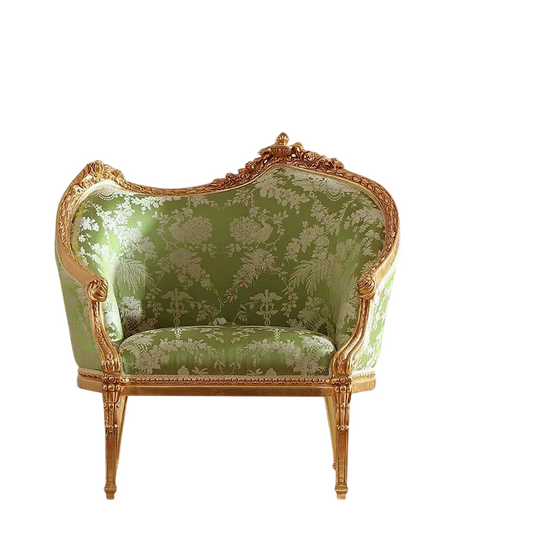 Green Floral Upholstered Accent Chair, French Style Carved Solid Wood Single Sofa Chair with Gold Finish Frame, Luxury Lounge Armchair for Living Room, Bedroom, Balcony, Reading Nook