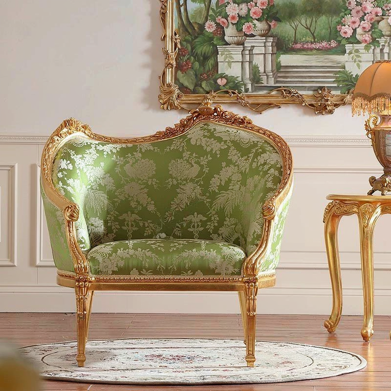 Green Floral Upholstered Accent Chair, French Style Carved Solid Wood Single Sofa Chair with Gold Finish Frame, Luxury Lounge Armchair for Living Room, Bedroom, Balcony, Reading Nook