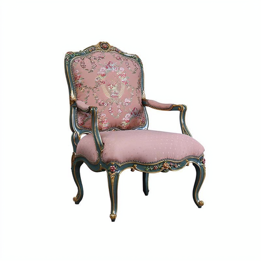 Pink Floral Upholstered Accent Chair, French Style Carved Solid Wood Armchair with Distressed Blue and Gold Finish, Luxury Single Sofa Chair for Living Room, Bedroom, Vanity, Reception