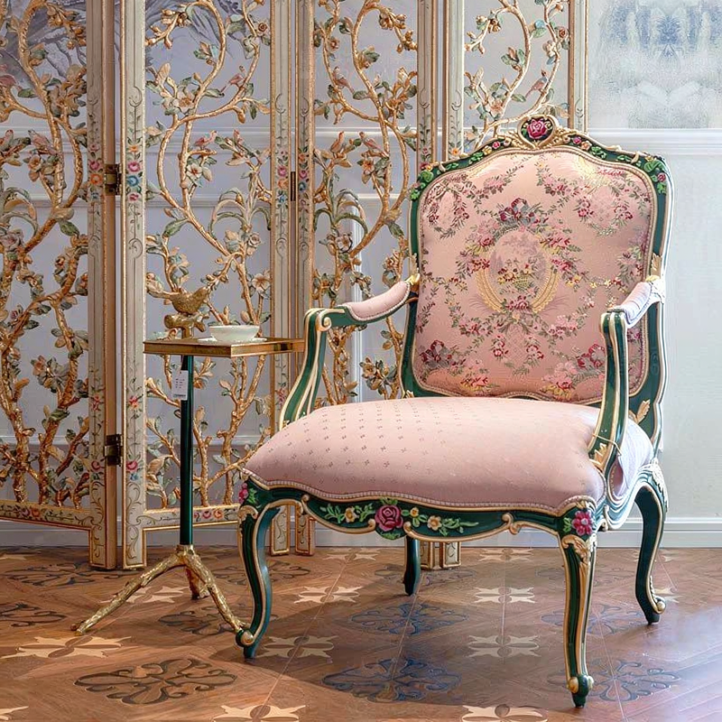 Pink Floral Upholstered Accent Chair, French Style Carved Solid Wood Armchair with Distressed Blue and Gold Finish, Luxury Single Sofa Chair for Living Room, Bedroom, Vanity, Reception