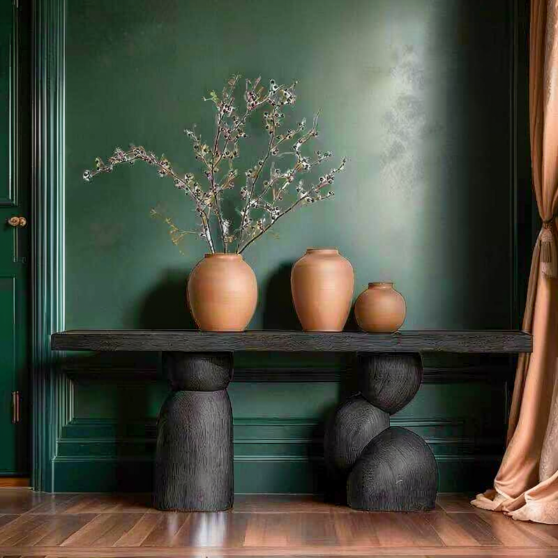 Black Solid Wood Console Table, 39 Inch Wabi Sabi Entryway Table with Sculptural Pedestal Base, Narrow Hallway Sofa Table for Foyer, Corridor, Living Room, Modern Accent Decor