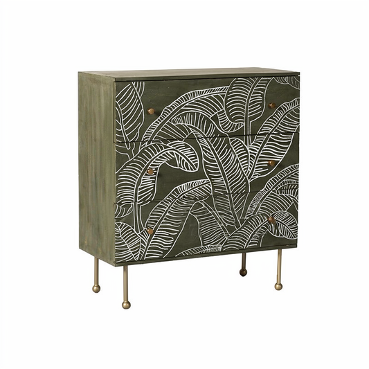 Green Leaf Pattern 6 Drawer Dresser, Solid Wood Accent Chest with Gold Tone Legs, French Country Storage Cabinet for Bedroom, Entryway, Living Room