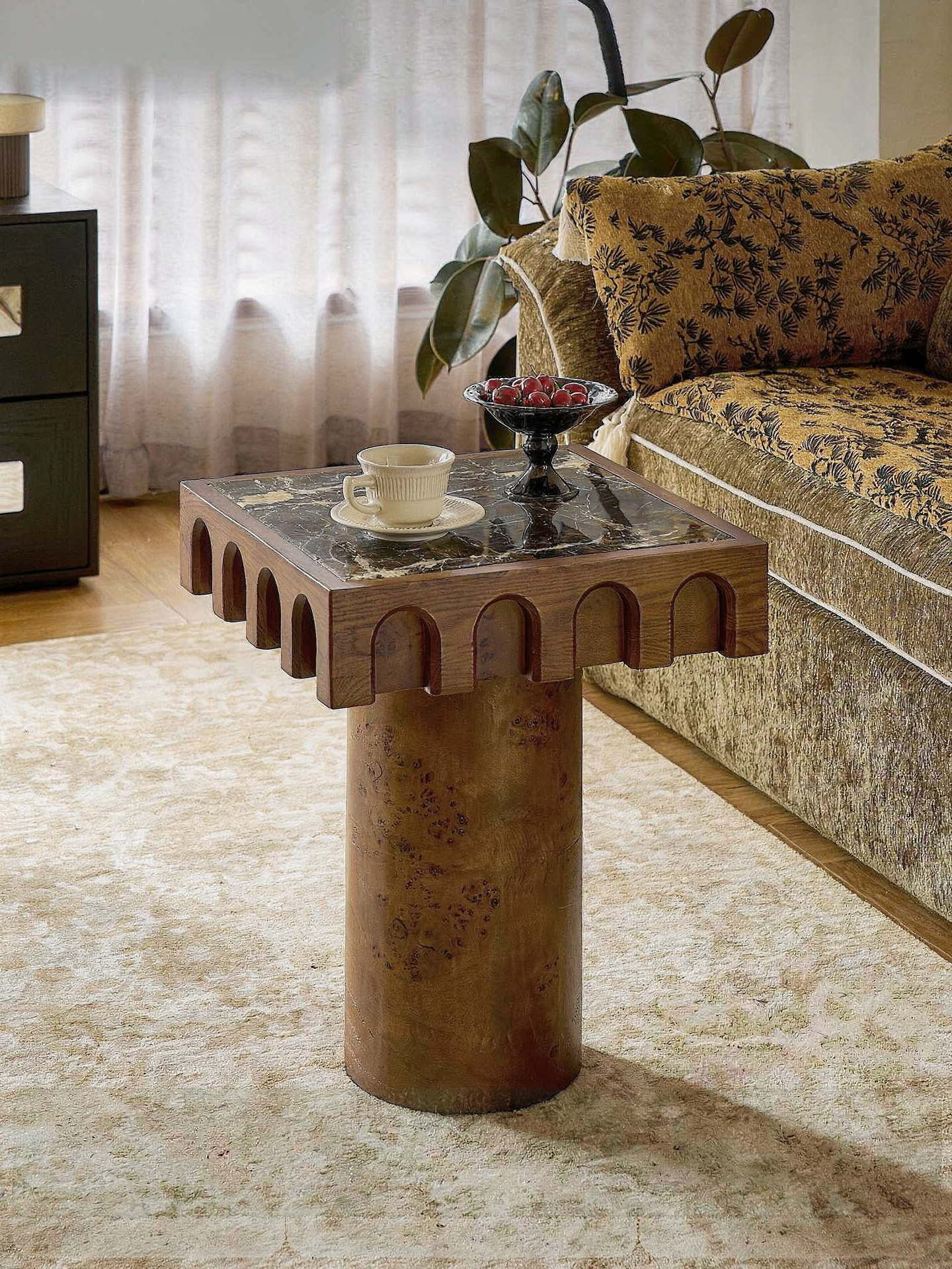 Brown Ash Wood Black Marble Pedestal Side Table for Living Room