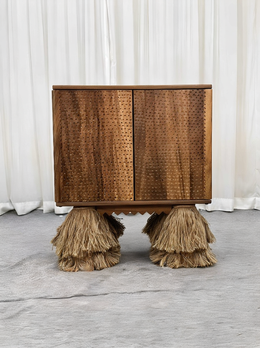 Mid-Century Teak Bar Cabinet with Cane Webbing – Natural Fiber Tassel Legs Storage Sideboard, Wine Console with Built-in Rack