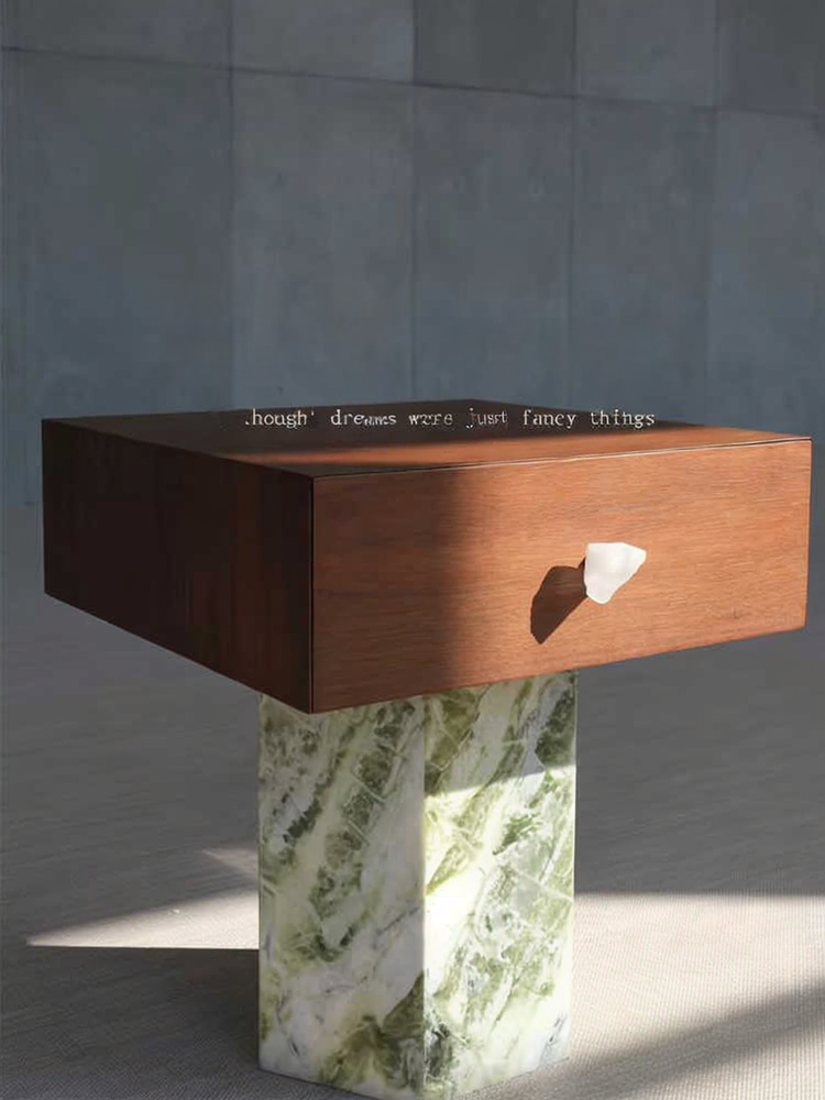 Mid-Century Natural Marble Base Nightstand – Walnut Wood Drawer with Green Travertine Pedestal, Sculptural Designer Bedside Table with Heart Handle