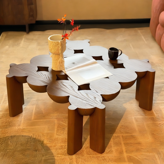 Minimalist Solid Wood Designer Tea Table, Sculptural Carved Coffee Table, Luxury Modern Accent Piece for Living Room