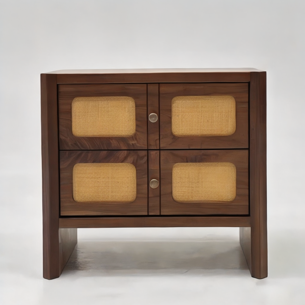 Designer Rattan & Solid Wood Bedside Cabinet, Minimalist Vintage Nightstand for Bedroom, Storage Table – Pre-Assembled