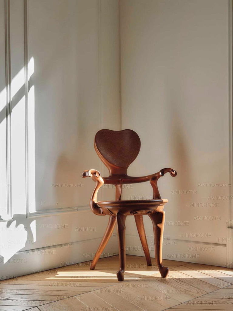 Artisan Heart Back Walnut Accent Chair – Artistic Solid Wood Designer Armchair, Retro Gaudi Style Modern Lounge Seating