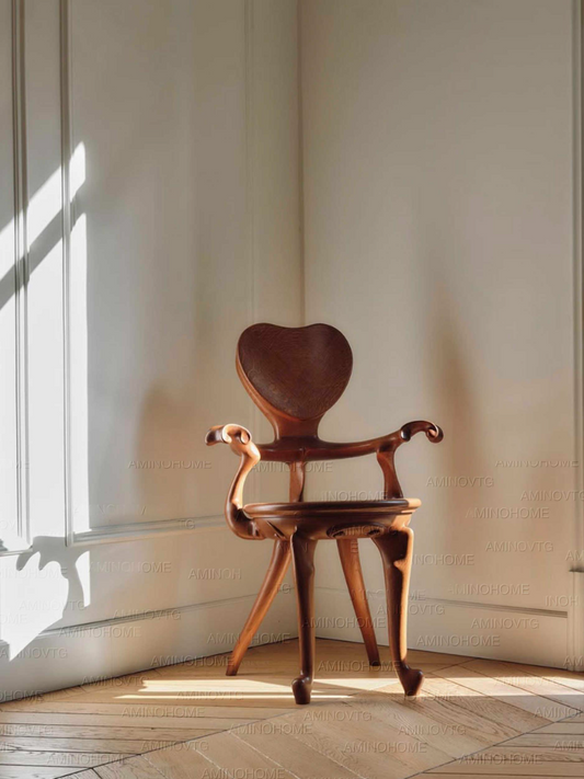 Artisan Heart Back Walnut Accent Chair – Artistic Solid Wood Designer Armchair, Retro Gaudi Style Modern Lounge Seating