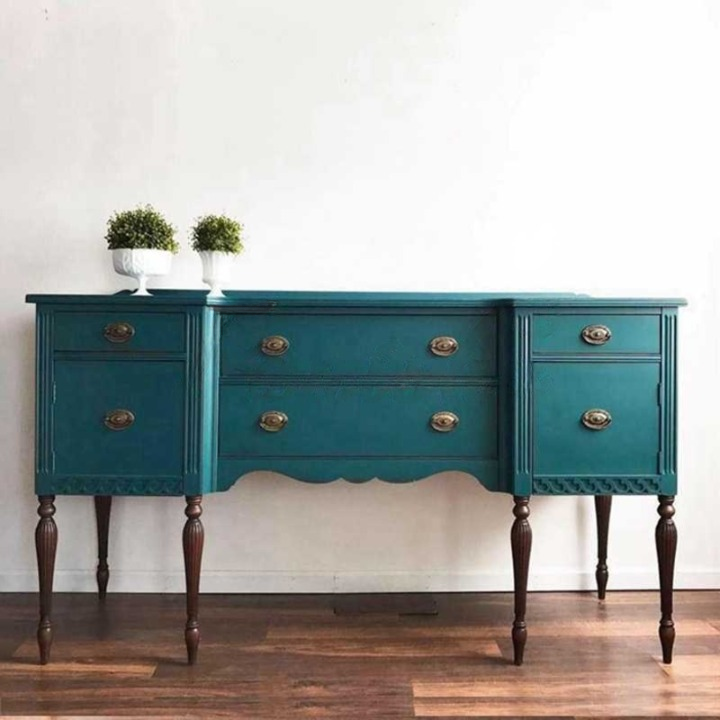 Vintage Blue Solid Wood Sideboard Cabinet – Carved Entryway Console Table with Drawers for Dining Room, Villa Hallway & Foyer