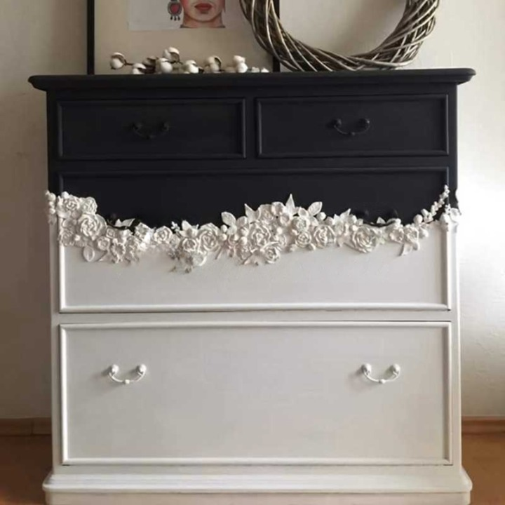 Vintage Two-Tone Carved Floral Solid Wood Dresser – Black & White Luxury Entryway Chest