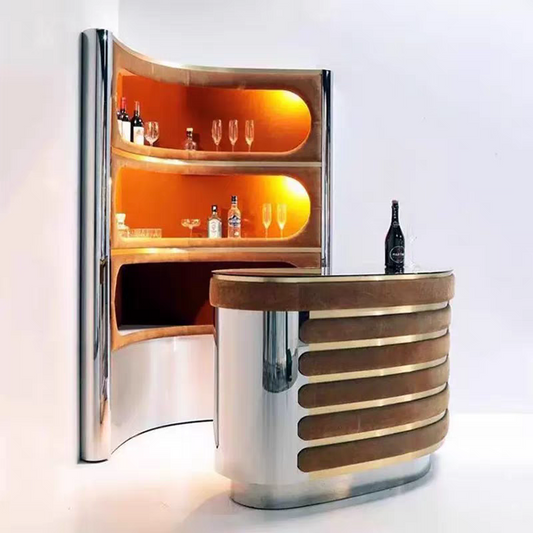 Luxury Home Bar Cabinet Set – Modern Art Deco Bar Counter & Curved Corner Display Shelf | Chrome & Suede Finish | Mini Bar for Living Room, Lounge, Office, or Hotel