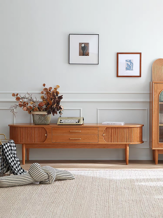 Accordion TV stand cabinet natural wood finish storage cabinet