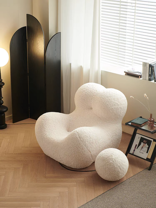 The Up chair Lamb Faux Fur super comfortable lounge chair with ottoman