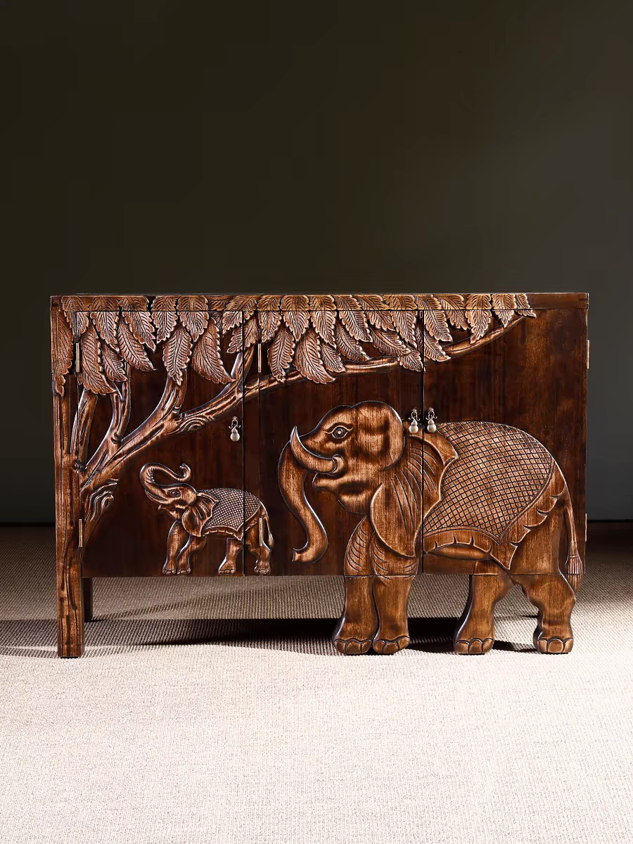 Elephant under the Tree, handcarved natural scenery solid wood storage cabinet sideboard Buffett cabinet