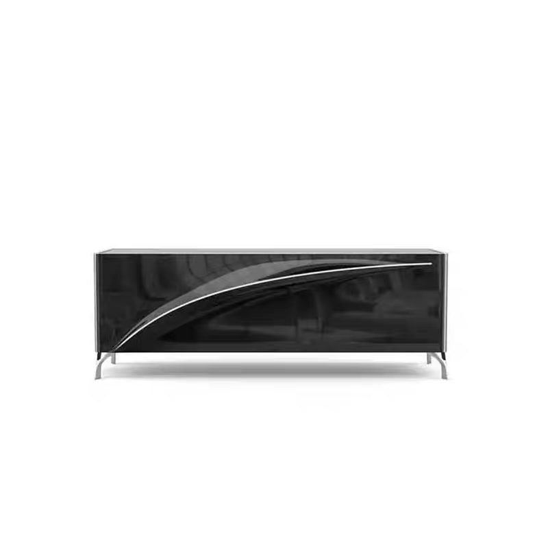 A sleek black rising bar cabinet with a smooth finish and stylized lines.