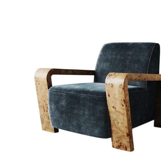 Modern Blue Velvet Accent Chair, Upholstered Lounge Armchair with Curved Solid Wood Arms, Nordic Luxury Single Sofa Chair for Living Room, Bedroom, Hotel Lobby, Reading Nook