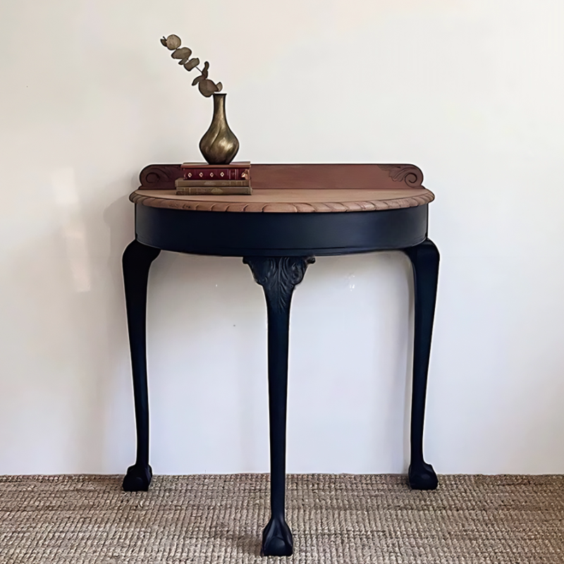 Vintage Solid Wood Half-Moon Console Table, Hand-Carved Entryway Table, Narrow Hallway Accent Table for Foyer and Living Room
