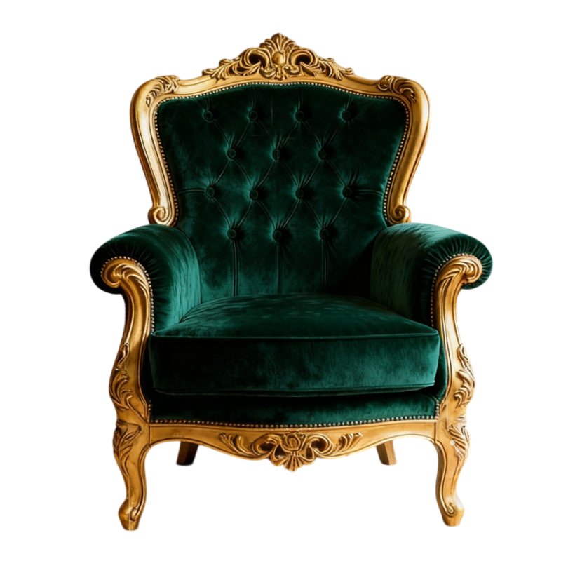 Emerald Green Velvet Accent Chair, French Style Tufted Armchair with Gold Carved Solid Wood Frame, Luxury Single Sofa Chair for Living Room, Bedroom, Lounge, Reading Nook