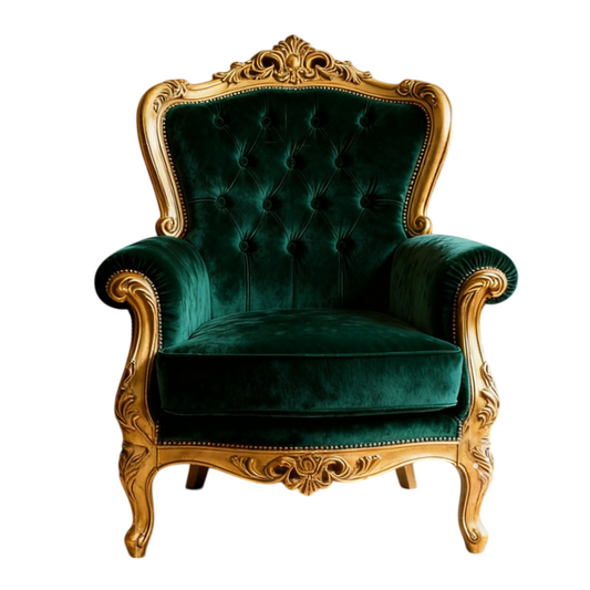 Emerald Green Velvet Accent Chair, French Style Tufted Armchair with Gold Carved Solid Wood Frame, Luxury Single Sofa Chair for Living Room, Bedroom, Lounge, Reading Nook