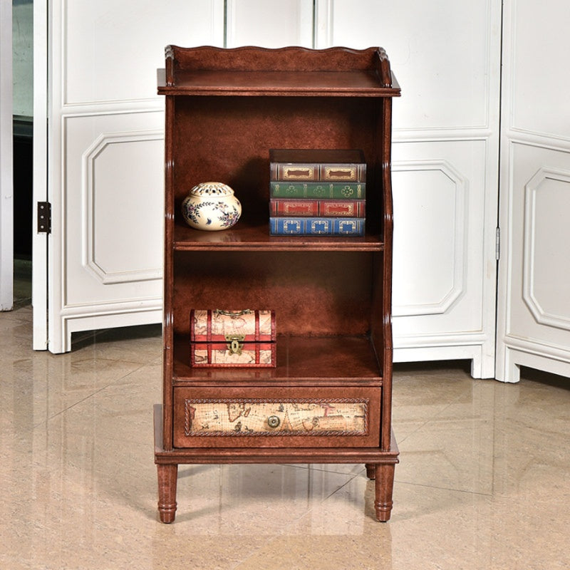 Brown Solid Wood Narrow Bookcase with Drawer and Map Print