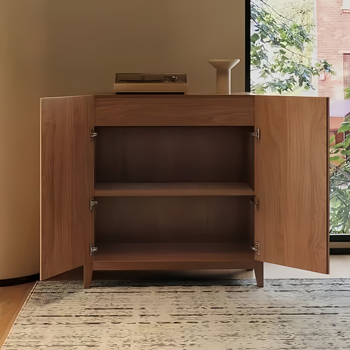 Mid Century Modern 2 Door Sideboard Cabinet, Solid Wood Accent Storage Cabinet with Geometric Chevron Pattern, Buffet Cabinet for Dining Room, Living Room, Entryway or Hallway