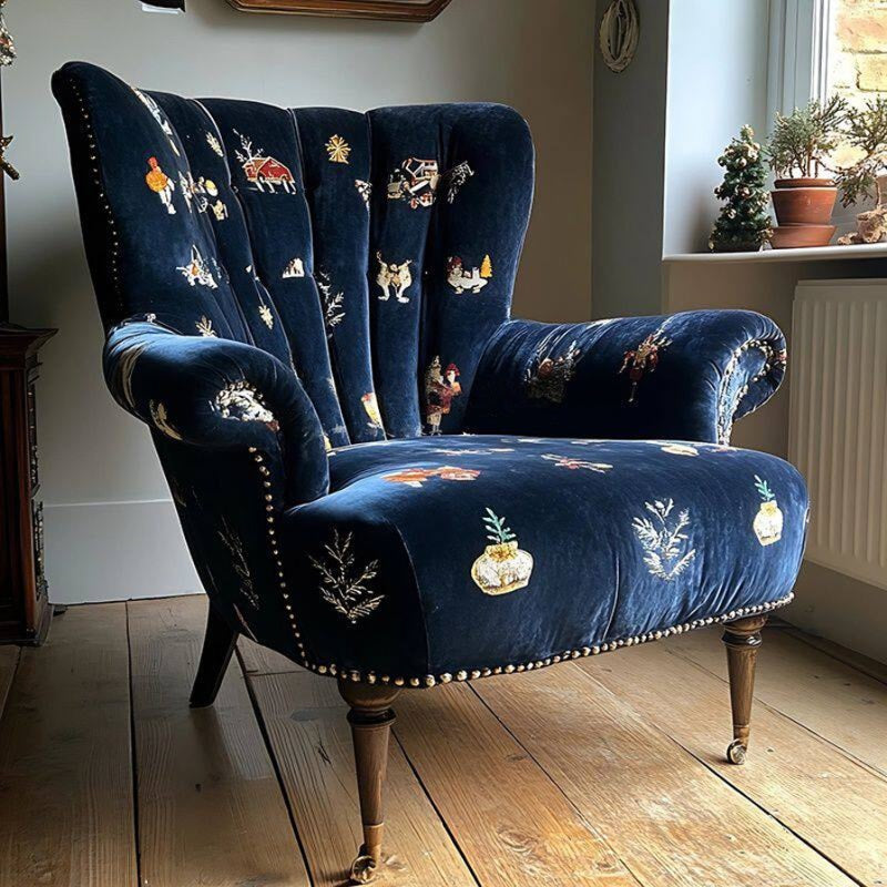 Navy Blue Velvet Wingback Accent Chair with Solid Wood Legs