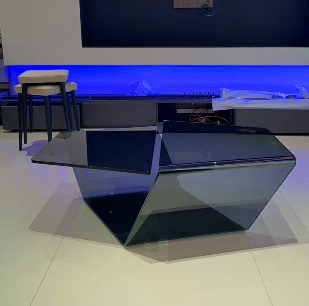 Smoked Gray Glass Coffee Table, Geometric Sculptural Cocktail Table with Asymmetrical Layered Surfaces, Modern Low Center Table for Living Room, Apartment, Lounge and Office