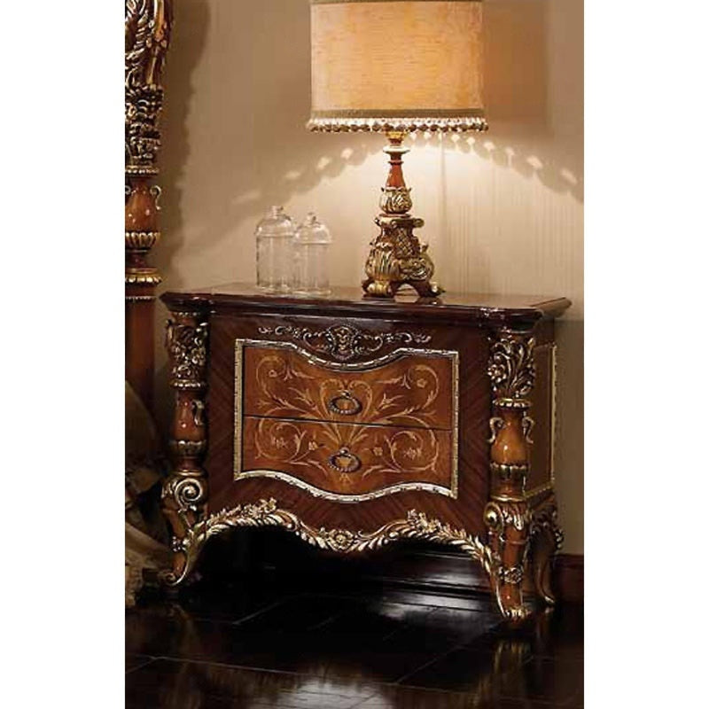 French Style Carved Wood Nightstand with 2 Drawers and Gold Trim