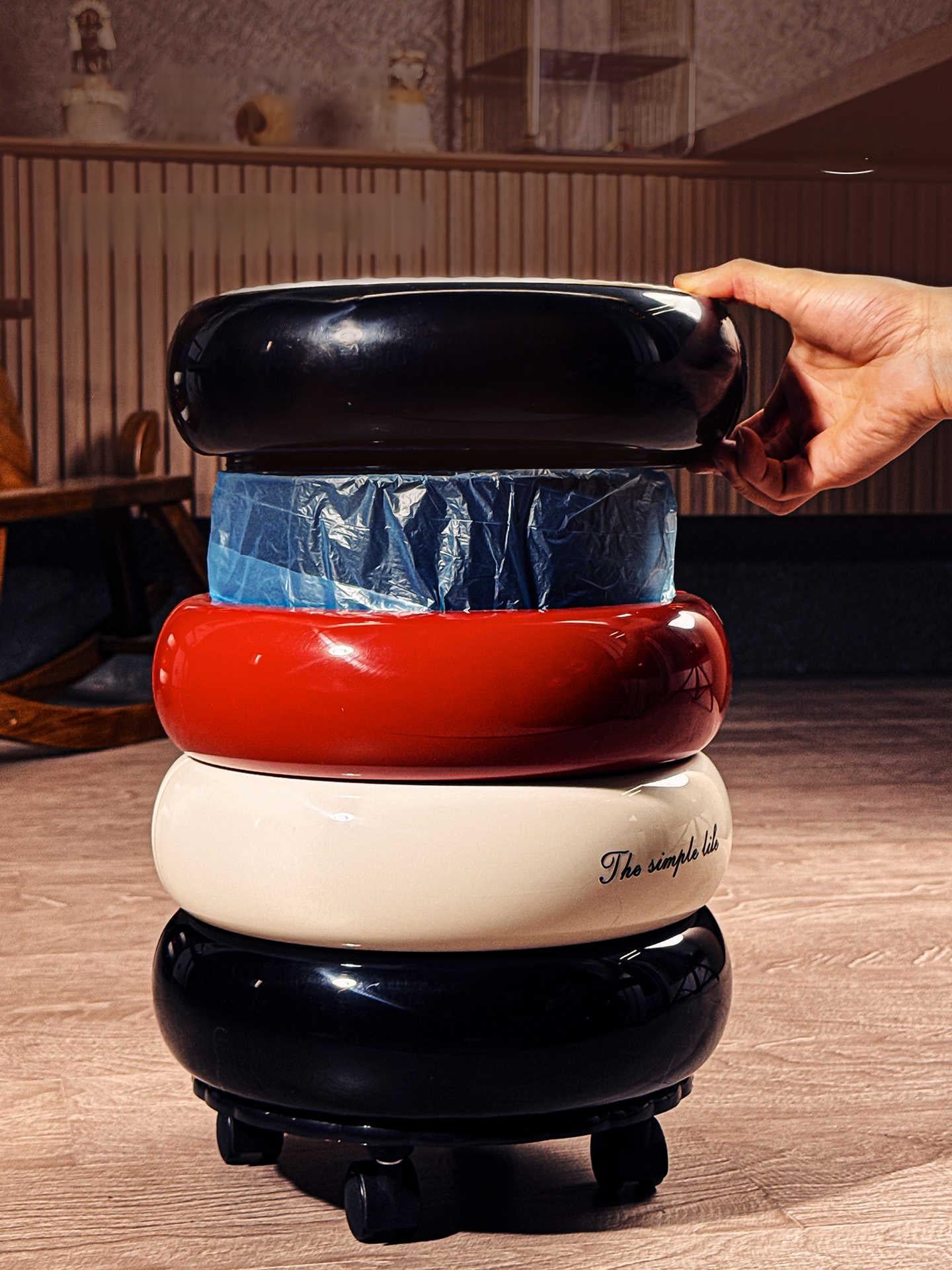 Retro Luxury Rolling Trash Can with Lid, Multi-Color Stacking Waste Bin for Living Room, Kitchen, Bathroom, Bedroom, or Office
