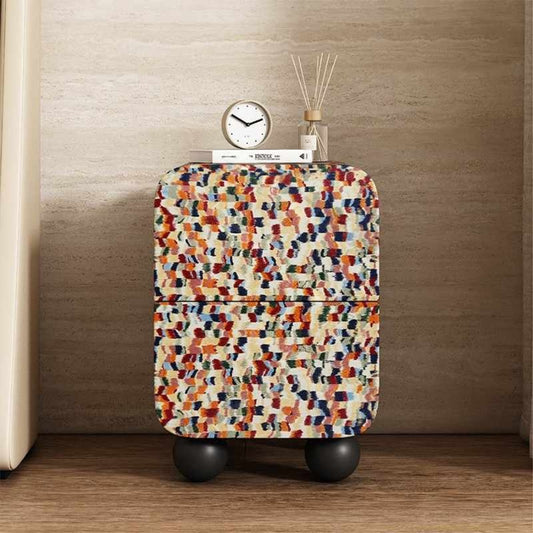 Designer Rainbow Terrazzo Leather Nightstand – Colorful Mosaic Pattern Bedside Table with Storage, Contemporary 2-Drawer Cabinet for Modern Bedroom
