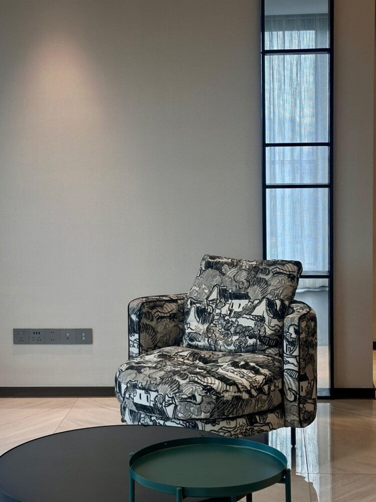 Modern Upholstered Accent Chair with Scenic Print, Wide Barrel Lounge Armchair for Living Room, Bedroom, Reading Nook and Office, Black and Gray