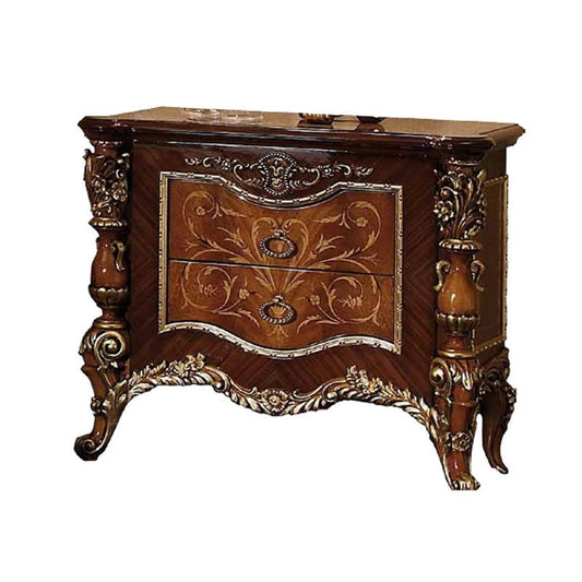 French Style Carved Wood Nightstand with 2 Drawers and Gold Trim