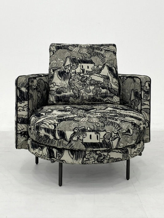 Modern Upholstered Accent Chair with Scenic Print, Wide Barrel Lounge Armchair for Living Room, Bedroom, Reading Nook and Office, Black and Gray