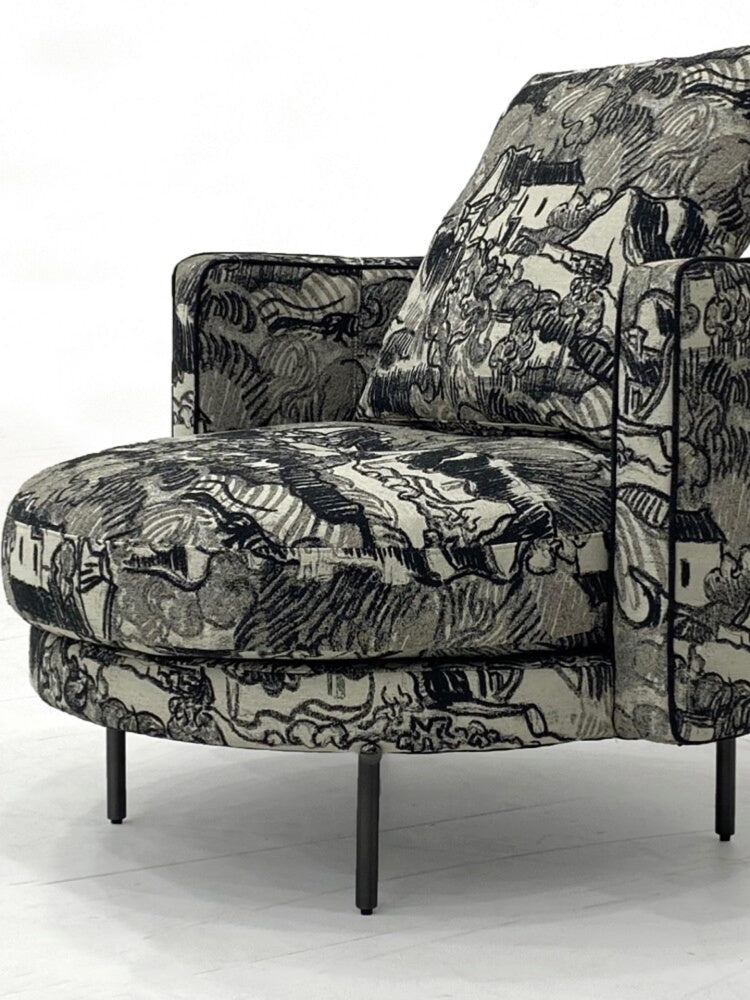 Modern Upholstered Accent Chair with Scenic Print, Wide Barrel Lounge Armchair for Living Room, Bedroom, Reading Nook and Office, Black and Gray