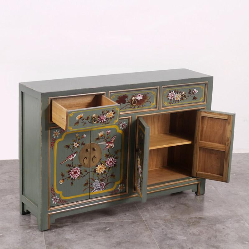 Hand Painted Floral Sideboard Cabinet, Antique Style Solid Wood Buffet Credenza with Bird and Flower Artwork, 4 Door 3 Drawer Storage Cabinet for Dining Room, Entryway and Living Room