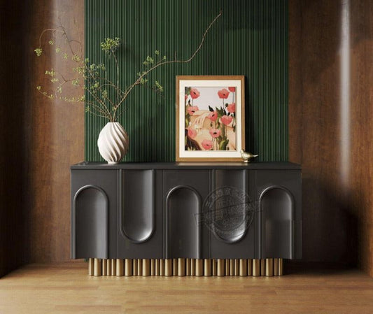 Luxury Modern European Sideboard Buffet – Black and Gold Entryway Accent Cabinet, Designer Decorative Storage Credenza for Living Room, Foyer, or Dining Room