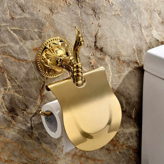 New Brass Gold-Plated Toilet Paper Holder – Classical European Style, Titanium Finish, Wall-Mounted