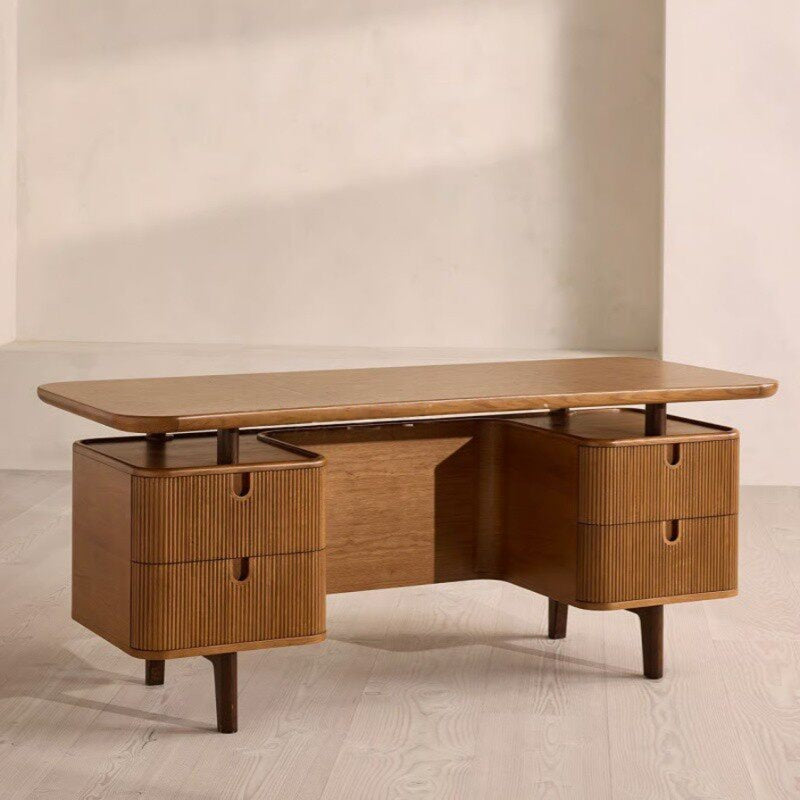 Large Solid Wood Executive Desk, Writing Desk with Side Storage Cabinets for Home Office, Study Room, Bedroom, Hotel, Villa, Natural Brown