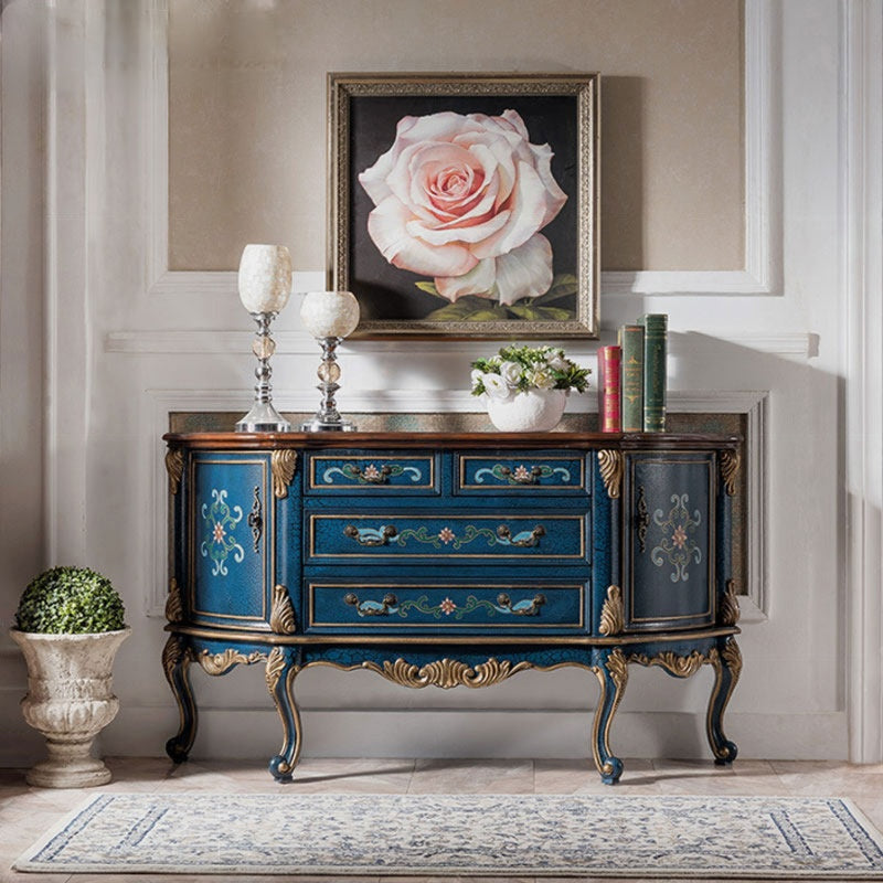 Deep Sea Blue Solid Wood Sideboard Buffet Cabinet, Painted 2-Door Credenza with 3 Drawers, Gold-Tone Ornate Accents and Cabriole Legs for Dining Room, Living Room, Entryway or Hallway