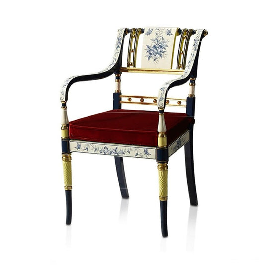 Navy Blue, White and Gold Solid Wood Accent Armchair with Red Velvet Upholstered Seat, French-Inspired Chinoiserie Floral Painted Frame for Dining Room, Living Room, Bedroom and Foyer