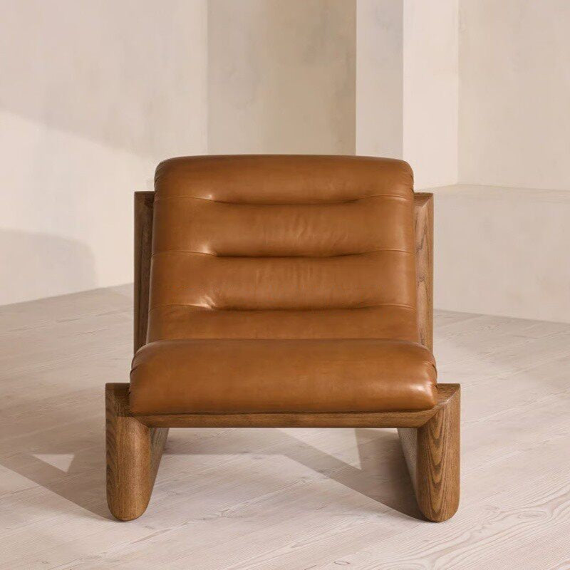 Brown Leather Lounge Chair, Low Profile Accent Chair with Solid Wood Sled Frame for Living Room, Bedroom, Hotel, Villa, Reading Corner