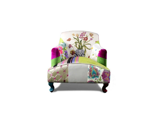 European Country Patchwork Accent Chair – Colorful Mixed Fabric Armchair with Solid Wood Legs, Bohemian Reading Chair with Footstool