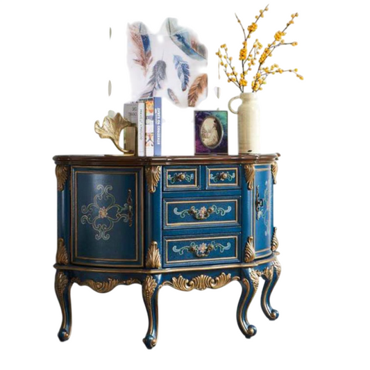Deep Sea Blue Solid Wood Sideboard Buffet Cabinet, Painted 2-Door Credenza with 3 Drawers, Gold-Tone Ornate Accents and Cabriole Legs for Dining Room, Living Room, Entryway or Hallway