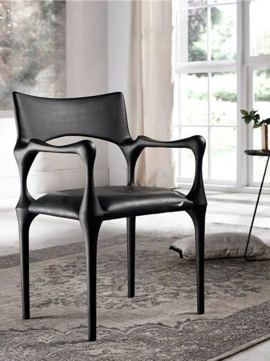 Modern Black Dining Chair with Arms, Sculptural High Back Accent Chair with Upholstered Seat and Back, Minimalist Designer Style Side Chair for Dining Room, Kitchen, Café, Restaurant and Living Room